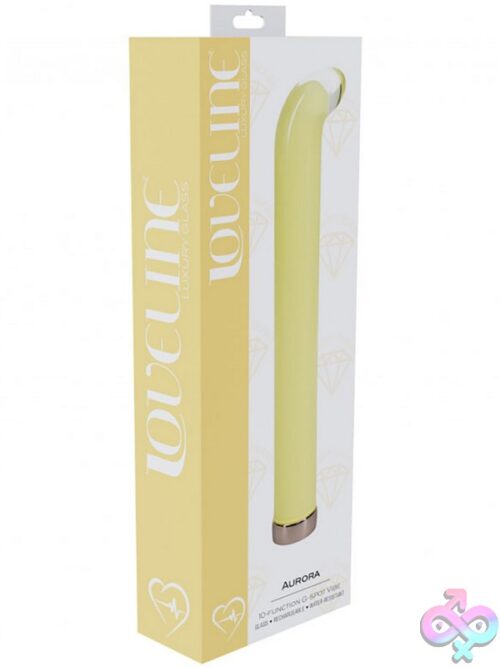 Loveline Aurora Curved Glass G-Spot Vibrator Shown In Three Colors — Blue, Pink, And Yellow