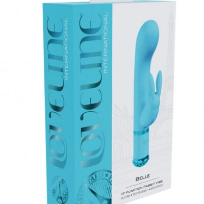 Loveline Belle rabbit vibe in pink and blue showing light-up base and silicone design