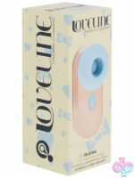 Loveline Budsie AirTap clit suction vibrator in pink and blue on a soft neutral background