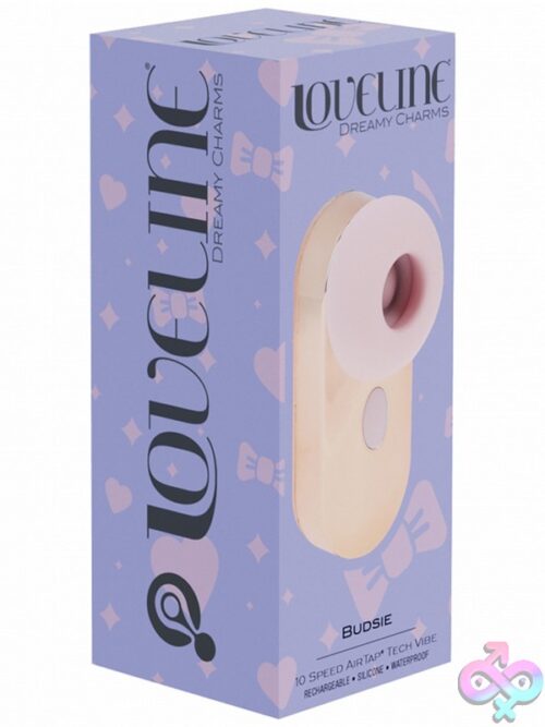 Loveline Budsie Airtap Clit Suction Vibrator In Pink And Blue On A Soft Neutral Background