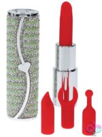 Green candy lipstick vibrator with interchangeable silicone heads and chic case by Shots Toys