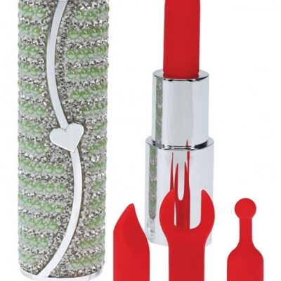 Green candy lipstick vibrator with interchangeable silicone heads and chic case by Shots Toys