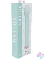 Loveline Celestia 6.3 inch bulb tip glass vibrator in three colors on a soft neutral background