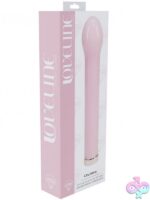 Loveline Celestia 6.3 inch bulb tip glass vibrator in three colors on a soft neutral background