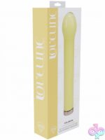 Loveline Celestia 6.3 inch bulb tip glass vibrator in three colors on a soft neutral background