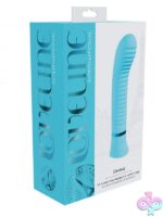 Loveline Divine ribbed G-spot vibe in pink and blue silicone on a soft neutral background