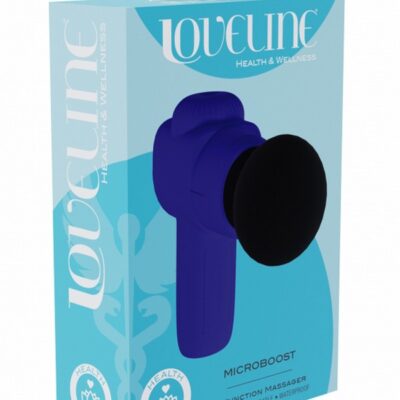 Loveline MicroBoost mini wand vibrator in pink and purple on a soft neutral background