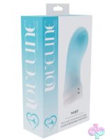 Loveline Mist finger vibrator in pink silicone shown on fingertip against soft background