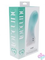 Loveline Mist finger vibrator in pink silicone shown on fingertip against soft background