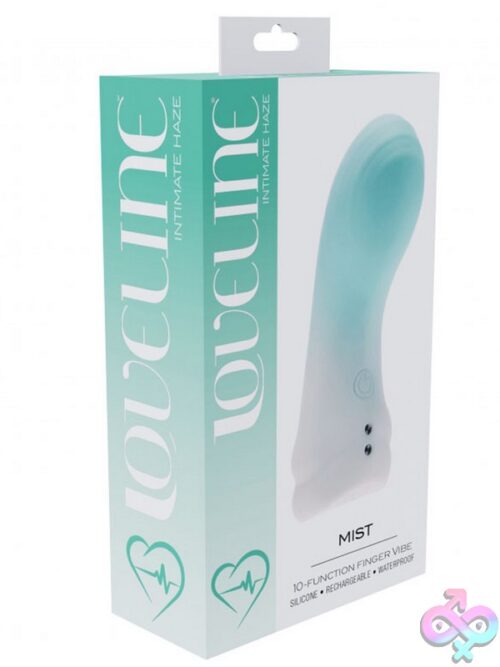 Loveline Mist Finger Vibrator In Pink Silicone Shown On Fingertip Against Soft Background