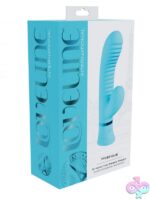 Loveline Mystique ribbed rabbit vibrator in pink and blue on a soft neutral background