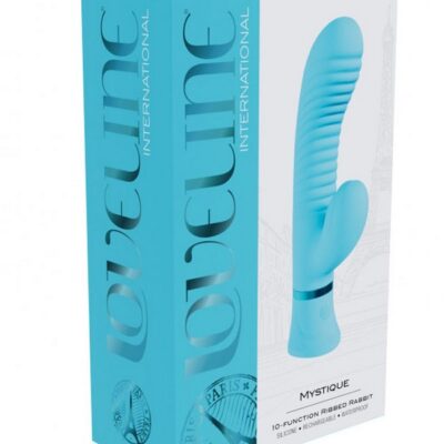 Loveline Mystique ribbed rabbit vibrator in pink and blue on a soft neutral background