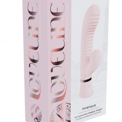 Loveline Mystique ribbed rabbit vibrator in pink and blue on a soft neutral background