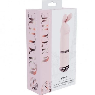 Loveline Reve Mini Rabbit vibrator in silicone with color-changing light, shown in blue and pink