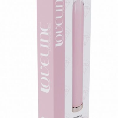 Loveline Sparkle 6.3 inch glass vibrator in blue pink and yellow on a soft neutral background