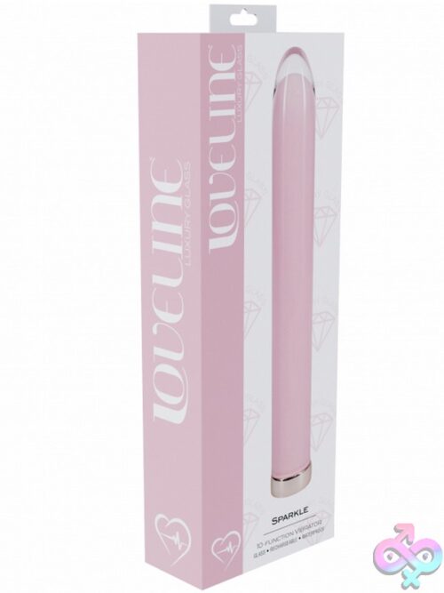 Loveline Sparkle 6.3 Inch Glass Vibrator In Blue Pink And Yellow On A Soft Neutral Background