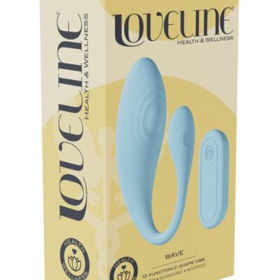 Loveline Wave C-shape G-spot and clitoris vibrator with wireless remote in pink and blue