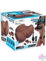Lifelike spread-eagle dual-canal TPE stroker in mocha brown with remote control vibrating bullets by Luv Dollz