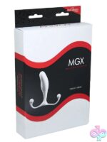 White silicone MGX Trident prostate massager with ribbed stem and dual acupressure tabs by Aneros