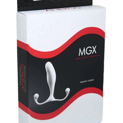White silicone MGX Trident prostate massager with ribbed stem and dual acupressure tabs by Aneros