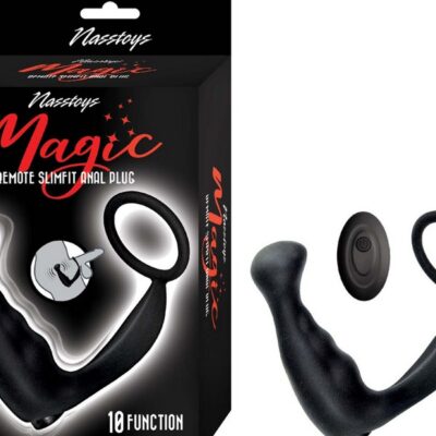 Ribbed remote-control prostate plug and cock ring set in black silicone by Nasstoys