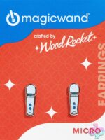 Glittery silver Magic Wand Micro enamel stud earrings by Wood Rocket on white background