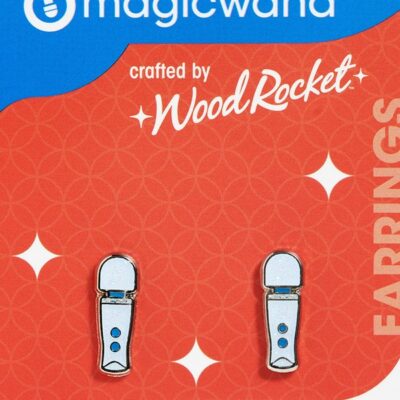 Glittery silver Magic Wand Micro enamel stud earrings by Wood Rocket on white background