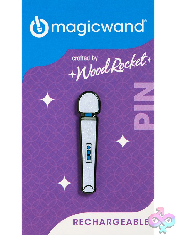 Discreet-Toys-Magic-Wand-Rechargeable-Pin-Nu-Vbr-002 Glittery White Magic Wand Rechargeable Enamel Lapel Pin With Soft Rubber Back By Wood Rocket