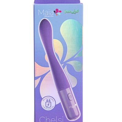 Curved purple rechargeable G-spot vibrator with silicone shaft by Maia Toys