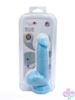 Maia Declan dual density suction cup dildo in blue and green on a neutral background