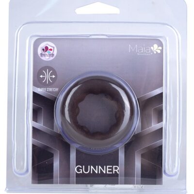 Maia Gunner stretchy silicone cock ring on neutral background, available in beige and black