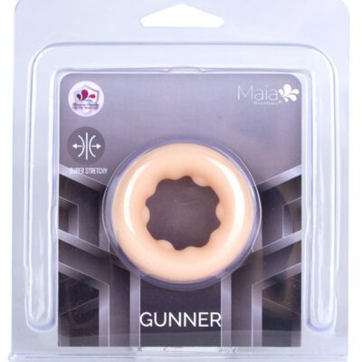 Maia Gunner stretchy silicone cock ring on neutral background, available in beige and black