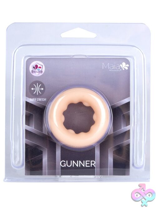 Maia Gunner Stretchy Silicone Cock Ring On Neutral Background, Available In Beige And Black