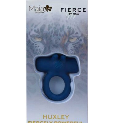 Huxley vibrating liquid silicone c-ring in blue with removable bullet and rabbit tickler by Maia Toys