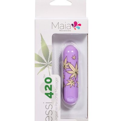Maia Jessi 420 mini bullet vibrator in violet silicone with hemp leaf print by Maia Toys
