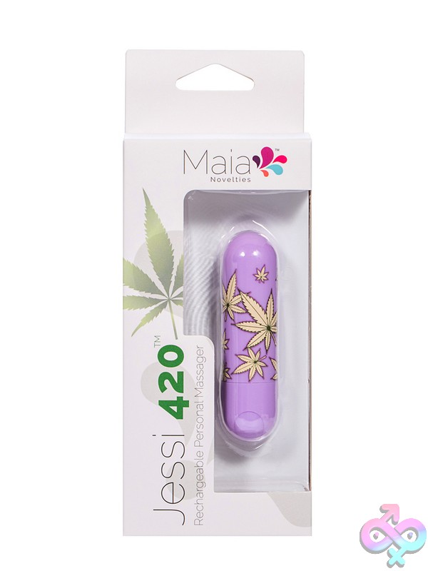 Discreet-Toys-Maia-Jessi-420-Violet-Nu-Mt-Ma330-Lf3 Maia Jessi 420 Mini Bullet Vibrator In Violet Silicone With Hemp Leaf Print By Maia Toys