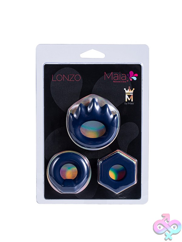 Discreet-Toys-Maia-Lonzo-Nu-Mt-Bo-24-002 Three-Piece Stretchy Liquid Silicone Cock Ring Set In Blue By Maia Toys