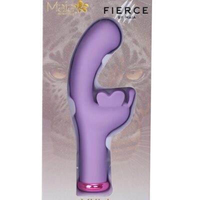 Maia Myla rechargeable rabbit vibrator in pink and purple on a soft neutral background