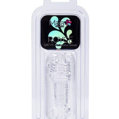 Maia Royce soft stretchy TPE male stroker available in black, clear, and red
