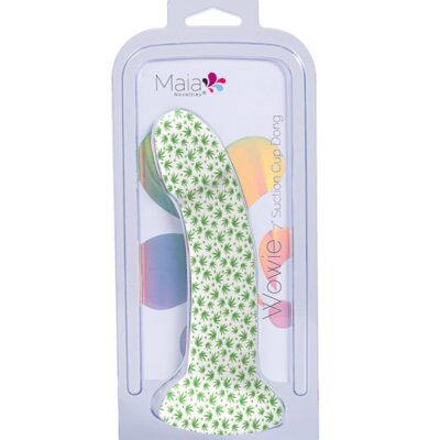 White weed-print silicone suction cup dong with harness-compatible base by Maia Toys