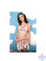 Pink caged mesh bralette and booty harness panty set with embroidered rainbow patch on white background