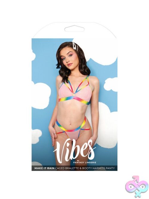 Pink Caged Mesh Bralette And Booty Harness Panty Set With Embroidered Rainbow Patch On White Background