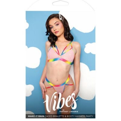 Pink caged mesh bralette and booty harness panty set with embroidered rainbow patch on white background