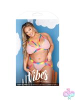 Pink caged mesh bralette and booty harness panty set with embroidered rainbow patch by Fantasy Lingerie
