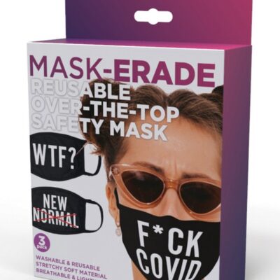 Bold printed black reusable face masks 3-pack with WTF, F*ck Covid, and New Normal slogans by Hott Products