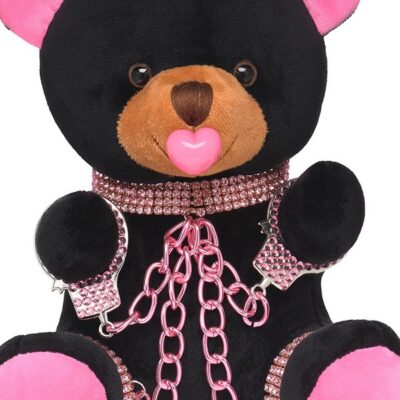 black rhinestone bondage bear with pink chains and cuffs by XR Brands