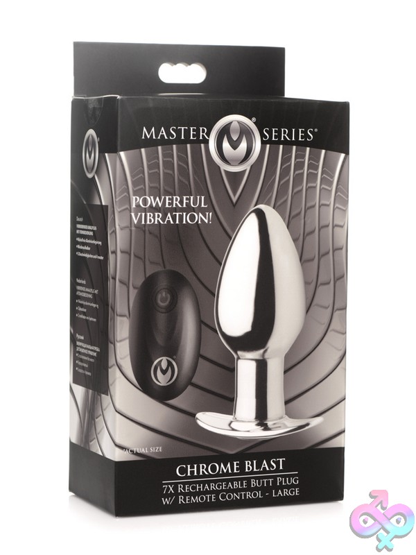 Discreet-Toys-Master-Series-Chrome-Blast-7X-Rechargeable-Butt-Plug-W-Remote-Control-Large-Nu-Xr-Ag863-Large Large Silver Nickel-Free Metal Vibrating Butt Plug With Wireless Remote Control By Xr - Master Series