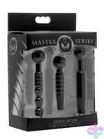 Three-piece black silicone penis plug set with graduated sizes and textures by Xr - Master Series