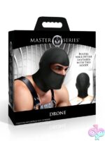 Sleek black full-coverage bondage hood with eye opening and zipper back closure by Master Series