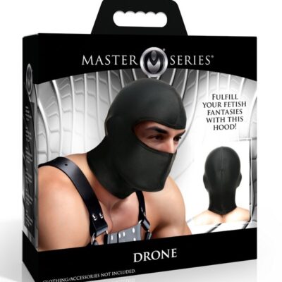 Sleek black full-coverage bondage hood with eye opening and zipper back closure by Master Series